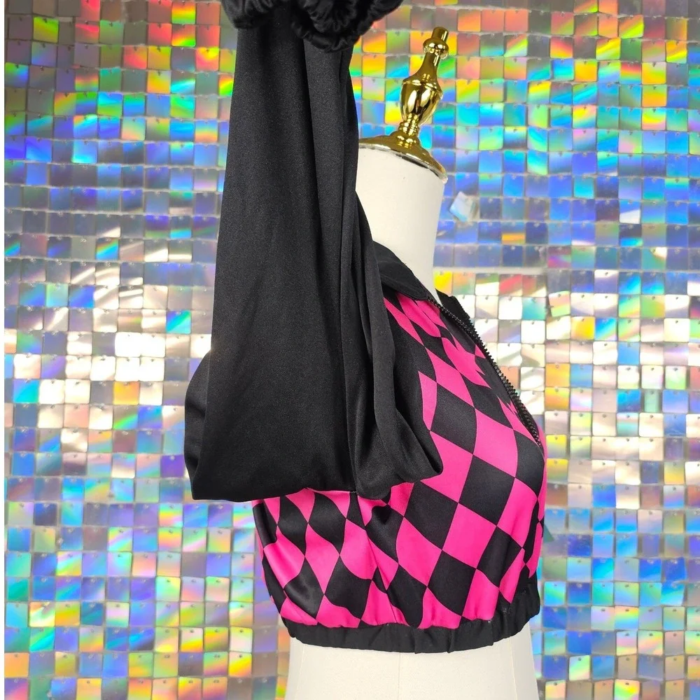 Dreamgirl Cropped Jacket Small‎ Pink Black Checkered Harlequin Clowncore Rave